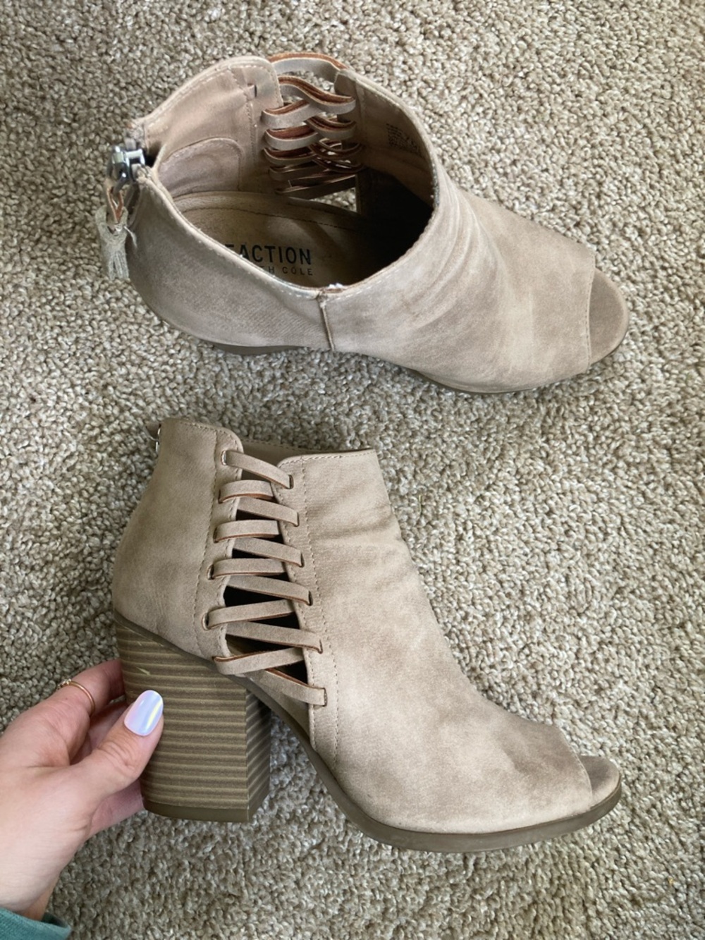 Suede Open-Toe Block Heel Bootie in Taupe
